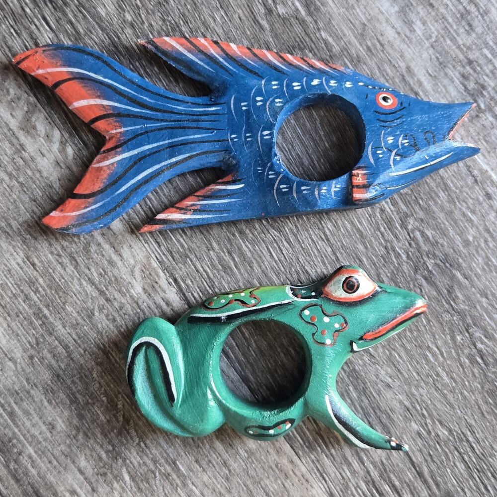 Hand-painted‎ Tropical Fish Frog Napkin Rings Set Of 2